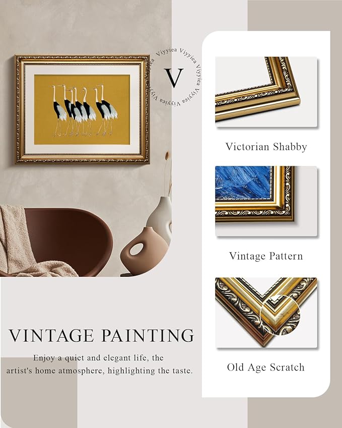VIYYIEA Gold Framed Wall Art Canvas Print Home Decor, Vintage Cranes Wall Art for Living Room, Vintage Animal Oil Painting Picture, Print Framed Home Decor, Bathroom Wall Decor Seven Cranes 13x16in