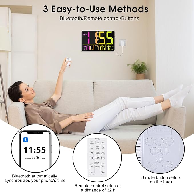 13" Bluetooth Auto Sync Wall Clock- Large Digital Alarm Clock with Remote, RGB Color Changing, 25 Ringtones, Adjustable Brightness, Auto DST, for Living Room, Kitchen, Office, Elderly