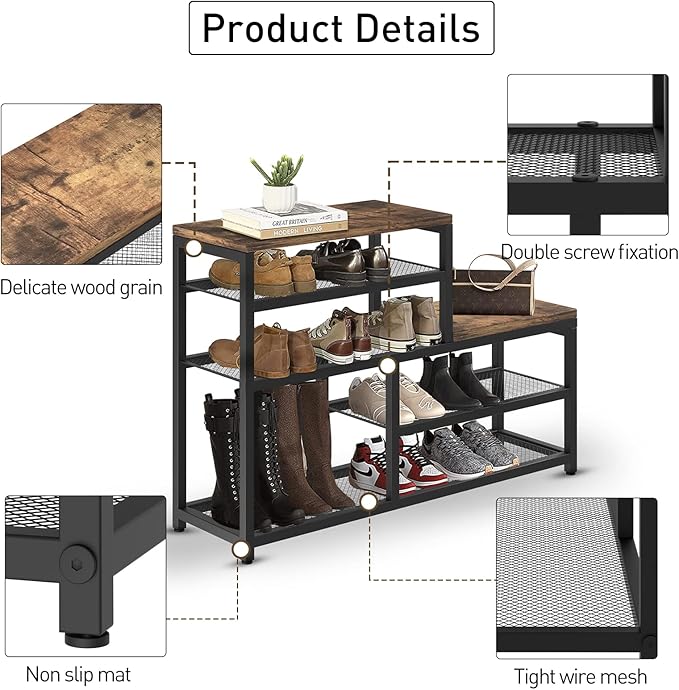 Shoe Rack Bench Shoe Storage Organizer with Seat, 5-Tier Industrial Free Standing Shoe Rack for Entryway, Narrow Shoe Rack Organizer Shelves for High Heels, Entryways, Hallways, Closets,Brown