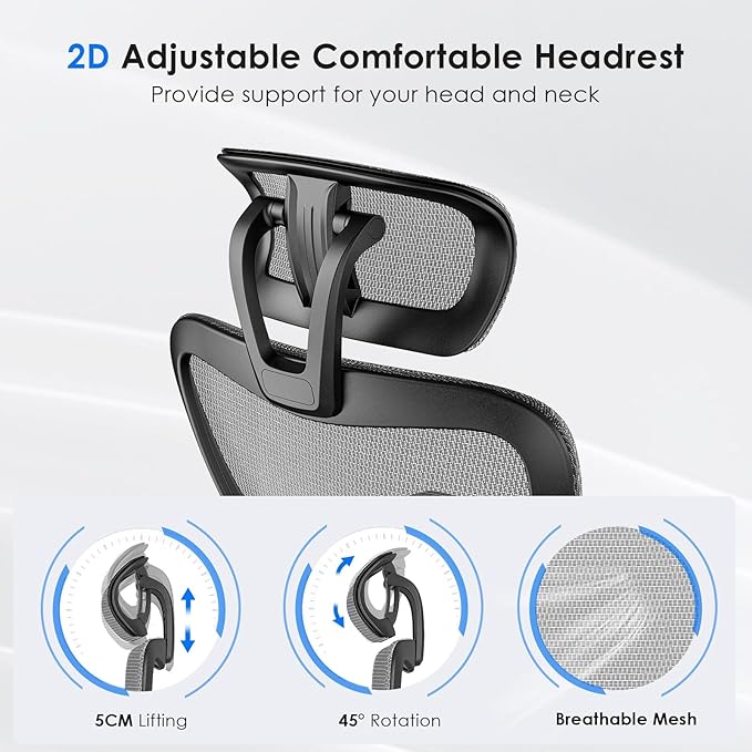 Soohow Ergonomic Office Chair,Mesh Desk Chair with Adjustable Lumbar Support and Headrest,Comfy Computer Chair with 3D Armrest Recling Swivel Chair for Home, Office, Study Room, Black & Grey