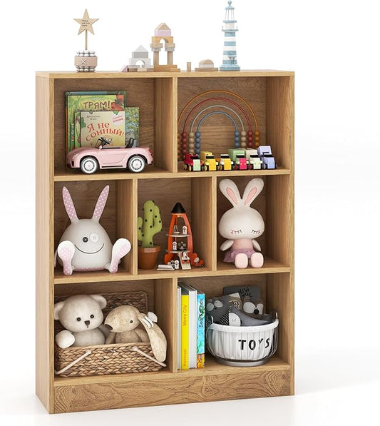 Costzon Wooden Toy Storage Organizer, 7-Cube Kids Bookshelf w/ 2 Anti-Toppling Kits, 3 Tier Open Shelves & Non-Slip Foot Pads, Book Shelf for Kids Rooms, Playroom, Classroom, Nursery (Natural)