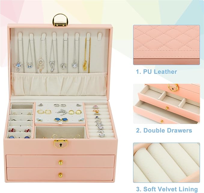 KOOAAICCHI Jewelry Box for Women, 3-Layer Jewelry Organizer, Jewelry Storage Case PU Leather for Earrings, Bracelets, Ring, Necklaces-Pink