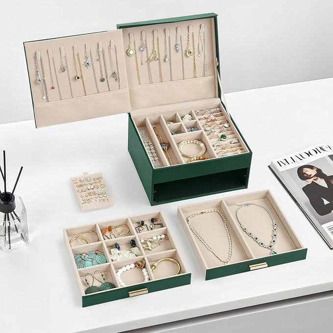 Amearea Jewelry Box Organizer for Women Girls with Mirror, 3-Layer Large Jewelry Storage Case, Synthetic Leather Jewelry Holder Organizer with Removable Tray for Necklaces Earrings Rings, Green