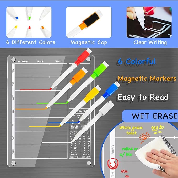 3-in-1 Magnetic Acrylic Meal Planner for Fridge - Clear Weekly Dry Erase Menu Board, Breakfast Lunch Dinner Daily Planner, Healthy Diet Organizer for Kids Teens Family, w/ 6 Markers, 9.5"x12"