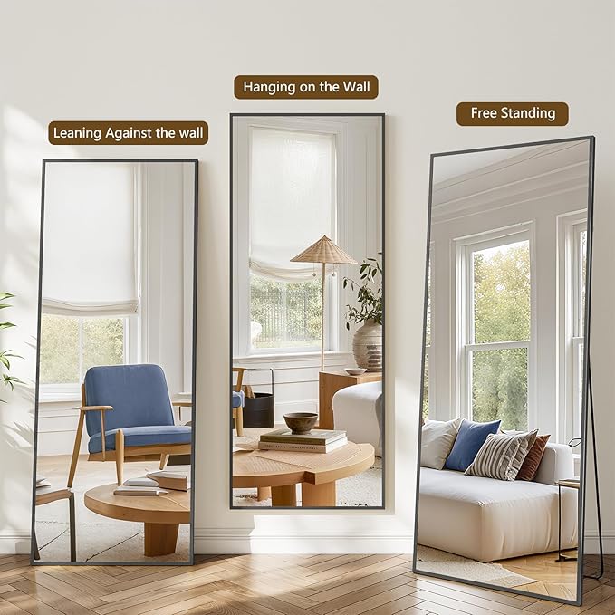 Koonmi Large Mirrors, 71"x26" Full Length Mirror with Stand, Full Body Mirror with Aluminum Alloy Frame, Hanging or Leaning Against Wall Floor Standing Mirrors for Bedroom Living Room, Black