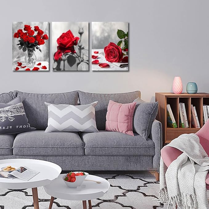 Arjun Rose Wall Art Flower Red Floral Painting Modern Elegant Bloosom Modern Pictures Framed for Living Room Bedroom Bathroom Dinning Room Kitchen Home Office Wall Decor, 12"x16"x3 Panels