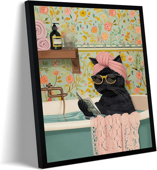 Framed Vintage Cat Canvas Wall Art, Funny Pink Animal Reading Books Painting Picture Print, Cute Kitten Lovers Aesthetic Wall Decor for Nursery Girls Room Bedroom Kids Room 10''L x 8''W