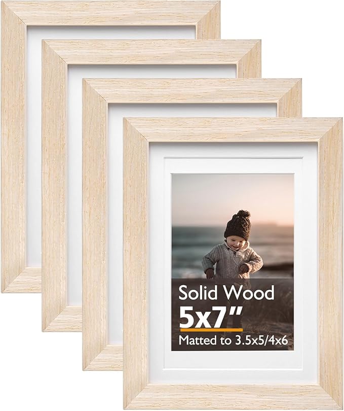 KINLINK 5x7 Picture Frame White Oak, Solid Light Wood Frames with Acrylic Plexiglass for 3.5x5/4x6 with Mat or 5x7 without Mat, Tabletop and Wall Display Photo Frame, Set of 4