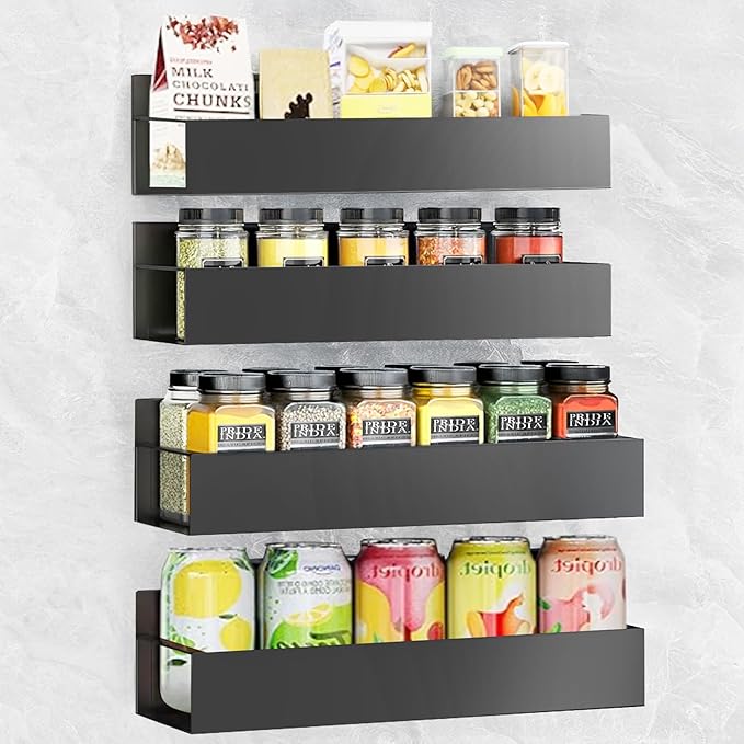 Spice Rack Wall Mount: 4 Packs Oversize Pantry Organization And Storage Rack Without Drilling - 11.8 Inch Black Large Adhesive Hanging Kitchen Spice Racks for Smooth Wall - Seasoning Rack