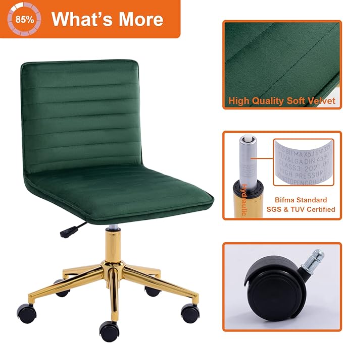 Furnimart Velvet Home Office Armless Desk Chair Adjustable Task Chairs Small Swivel Upholstered Office Chair Students Desk Chair Mid-Back Home Office Chair Dorm Chair (Velvet-DarkGreen)