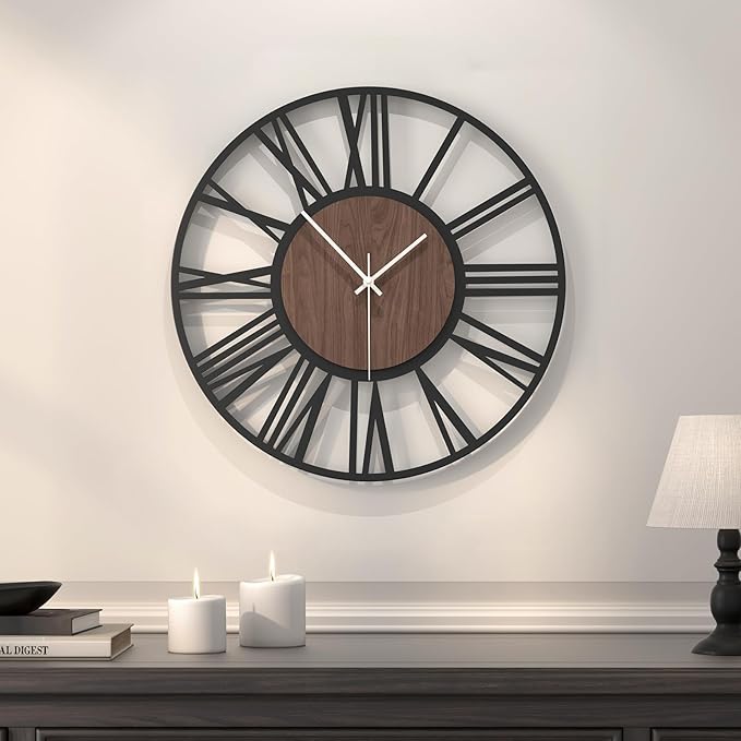 16 inch Wall Clock Battery Operated, Modern Wood Decorative Metal Wall Clock for Living Room, Non Ticking Silent Big Round Black Clocks, Bedroom, Kitchen, Farmhouse, Office Decor-Roman Numerals