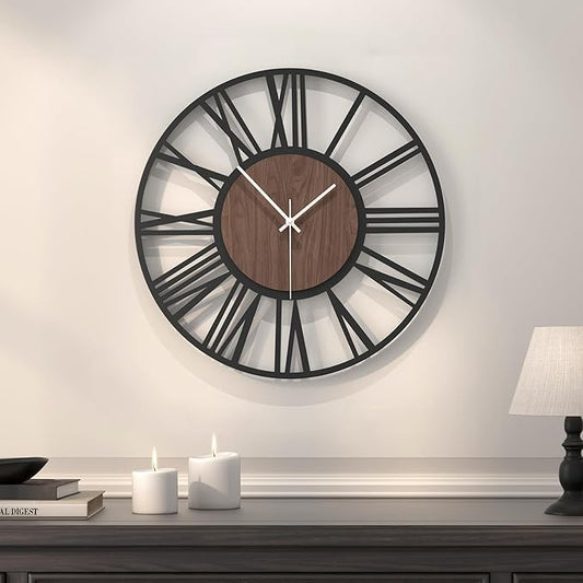16 inch Wall Clock Battery Operated, Modern Wood Decorative Metal Wall Clock for Living Room, Non Ticking Silent Big Round Black Clocks, Bedroom, Kitchen, Farmhouse, Office Decor-Roman Numerals
