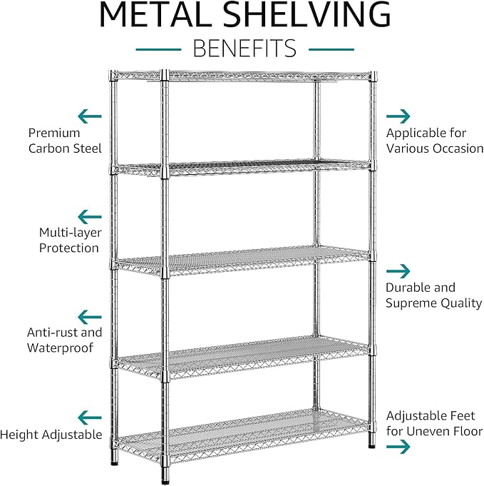 IZEUK 3300 LBS Garage Shelving Wide Storage Shelves 5 Tier Metal Shelves Heavy Duty Adjustable Utility Shelf Rack Chrome 17.7" D x 59.1" W x 70.4" H