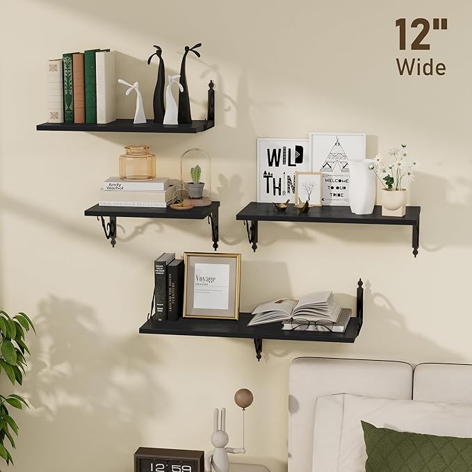 Deep Floating Shelves, 36" W x 12" D Wall Shelves Set of 2, Wide Display Shelf Wall Mounted with Brackets, Bookshelf for Living Room, Bathroom, Bedroom, Black