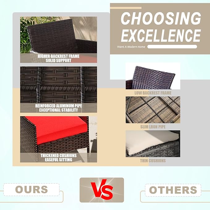 3 Pieces Patio Furniture Set, Outdoor Conversation Sets, Wicker Rattan Chairs for Garden Backyard Balcony Porch Poolside, Set with Glass Table and Soft Cushions (Brown+Red)