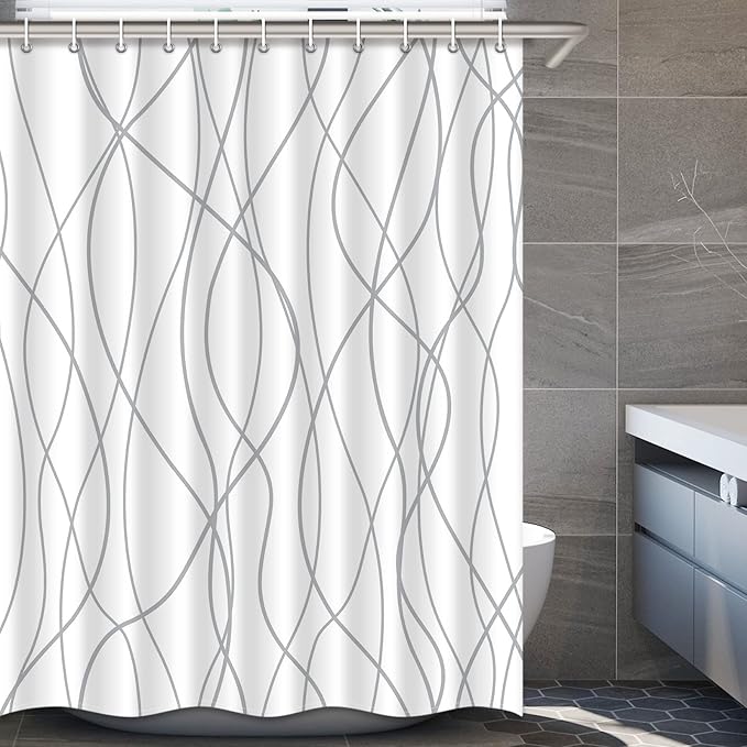 Punkray Grey and White Striped Polyester Shower Curtain for Bathroom with Hooks, Weighted Hem, Waterproof Bath Accessories Hotel Style - Machine Washable, 72 x 78