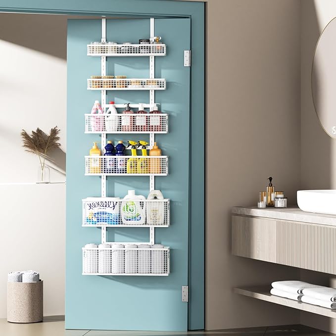6-Tier Over The Door Pantry Organizer,Hanging Spice Rack,Over Door Adjustable Basket with Handle,Pantry Organization And Storage, Laundry Room,Bathroom,Large Capacity,D5.3xW15.7xH60.9in