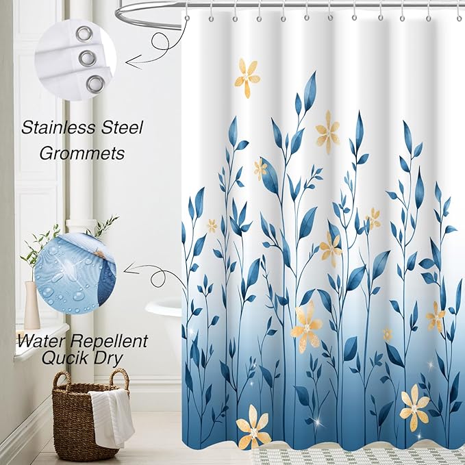 Eucalyptus Shower Curtain, Ombre Floral Leaves Plant Washable Fabric Bath Decor with 12 Hooks 72x72 inches, Moonlight Blue