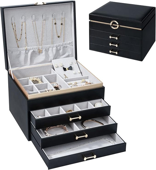 Jewelry Box，4-Layer Large Jewelry Organizers for Women with 3 Drawers,Storage Modern Style Jewelry Boxes Storage of Earrings Rings Bracelets Necklace（Black）