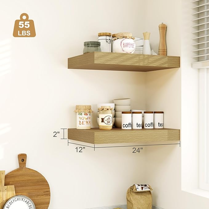 Heimlove Bathroom 12'' Deep Floating Shelves for Wall - Shelf Over Toilet Wall Mounted Farmhouse 24 inches,Rustic Wood Wall Shelves Decor & Storage Set of 1 Oak