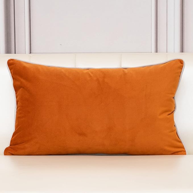 Aeckself European Luxury Velvet Lumbar Throw Pillow Cover 12 x 20 Inch, Embroidery Floral Pillow Cover Home Decor Oblong Pillowcase for Couch Bedroom Living Room, Burnt Orange and White
