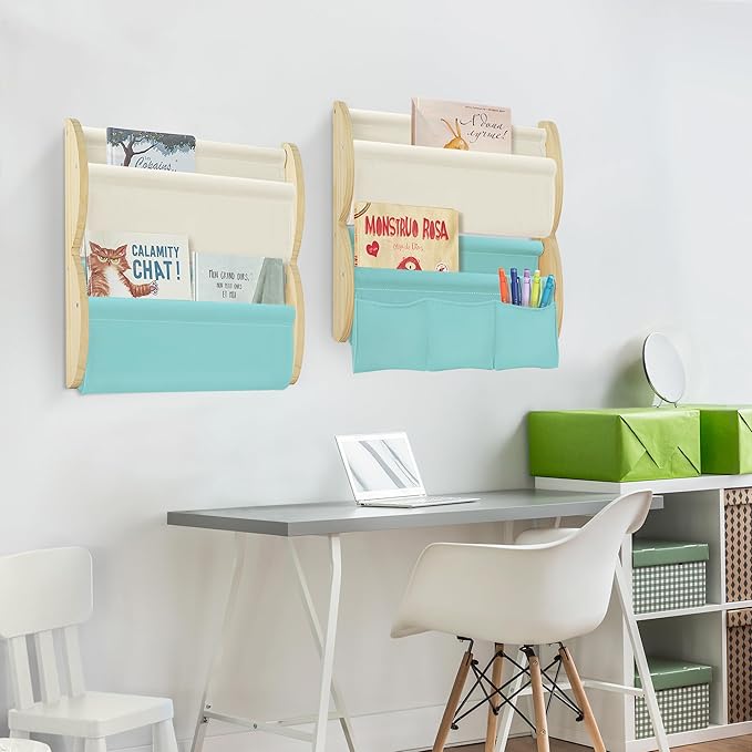 Wooden Wall Mounted Bookshelf for Kids Rooms, 4 Tier Floating Nursery Book Shelf, Kids Bookshelf with 2 Pockets, Toddler Sling Book Rack with Deep Sleeves (Blue)