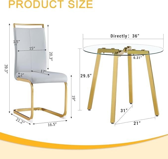 Round Dining Table Set for 4,36" Glass Dining Table Set for 4 with Stainless Steel Leg,Small Kitchen Table Set for 4 with Cushion Chairs,5 Piece Dining Table Set Space Saving