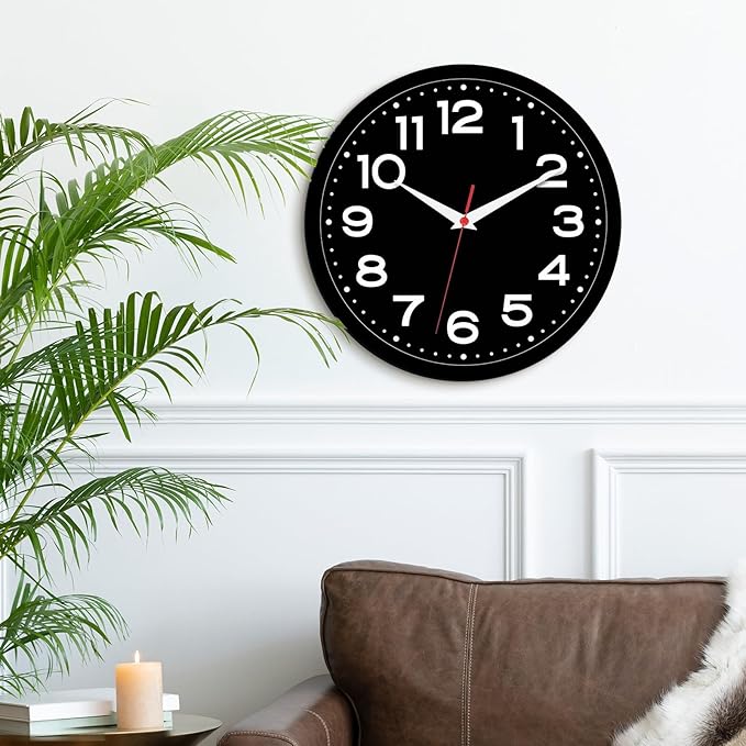 Wall Clock Silent Non-Ticking Modern Clock Battery Operated 10 Inch Small Classic Analog Decorative for Kitchen, Living Room, Office, Bedroom, Bathroom (Black Black)