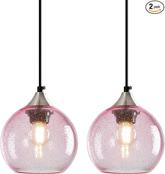 Pink Glass Pendant Lights Kitchen Island Globe Pendant Light Fixtures Modern Pendant Lighting for Bedroom Living Dining Room Light Fixture (5.9 in, 2 Pack)