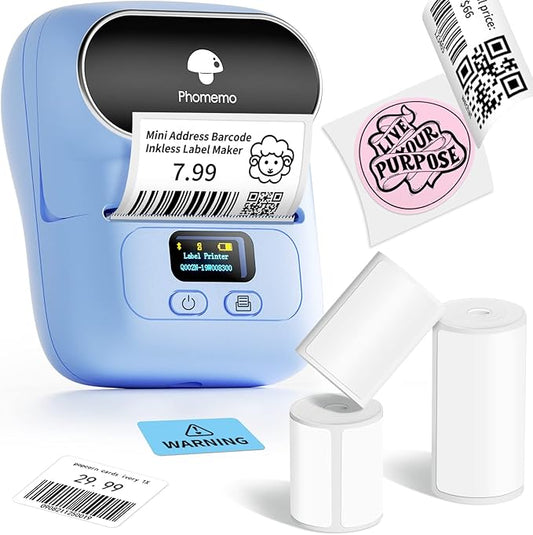 Phomemo Label Maker with 3 Labels- M110 Portable Bluetooth Label Maker Machine for Small Business, Barcode, Address, Logo, Clothing, Jerwery, Compatible with iOS & Android, Blue