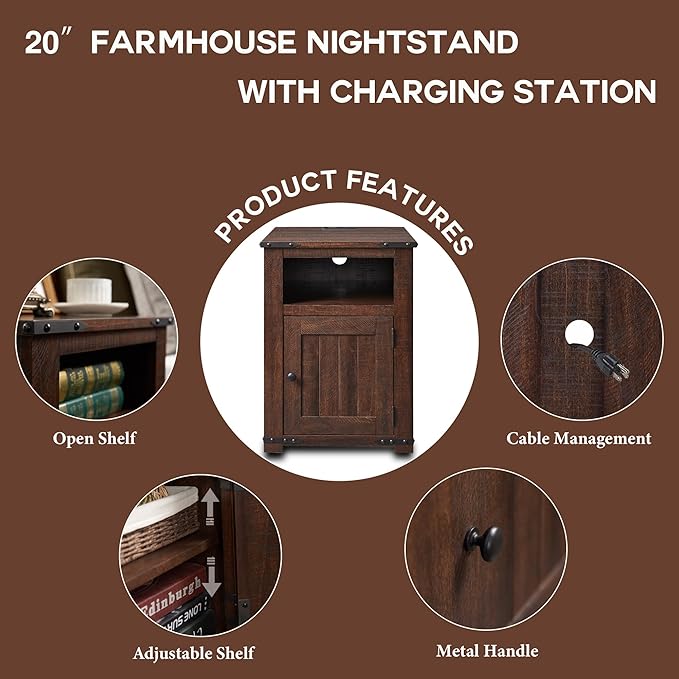 Nightstand with Charging Station, 20" Farmhouse End Table w/Groove Barn Door, Rustic Wood Sofa Side Bedside Table w/Open & Adjustable Shlef for Bedroom, Living Room, Brown