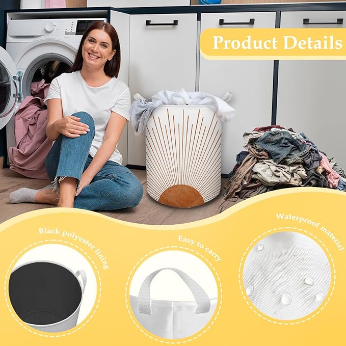 Boho Laundry Basket, Mid Century Modern Boho Terracotta Sun Sunshine Waterproof Collapsible Laundry Hamper Dirty Clothes Storage Toy Bin Organizer for Bathroom Bedroom Nursery Girls Kids Room