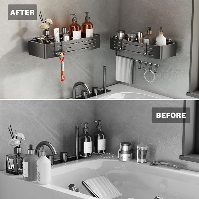 Voldra Shower Caddy Suction Cup, 2 Pack Shower Shelves for Inside Shower No Drilling, Aluminum Suction Showers Organizer with Towel Bar & Hooks Removable Bathroom Shelf Storage Rack(Gray)