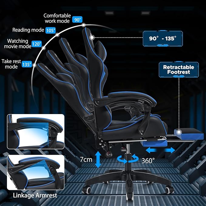 HOFFREE Massage Gaming Chair for Kids Computer Gamer Chair with Footrest and Lumbar Support Reclining PC Game Chair with Headrest for Gaming Room Blue and Black