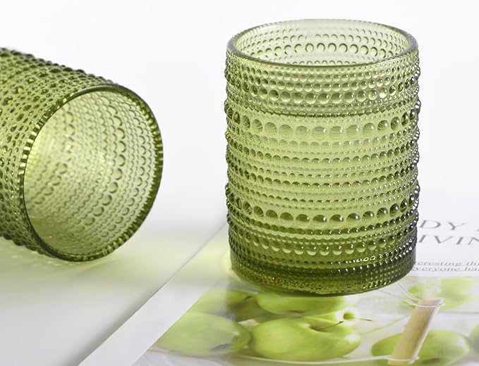 Hobnail Drinking Glasses Set of 6, Vintage Colored Glassware 11oz, Beverage Glass Cups for Water, Juice, Cocktail (Green)
