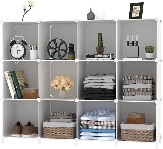 AWTATOS Cube Storage Organizer Storage 12 Cube Bookshelf DIY Plastic Closet Clothes Storage Shelves with Wooden Mallet, Stackable Storage Solution for Home, Bedroom, White