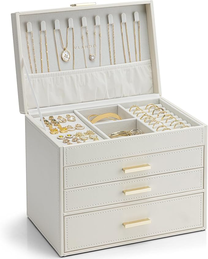Vlando 4 Layer Large Jewelry Box - Jewelry Holder Organizer, Jewelry Box Organizer for Drawer Necklace Ring Bracelet and Watch, Birthday Gift for Loved Ones - Beige