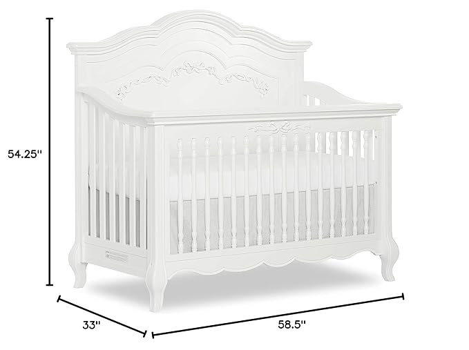 évolur Aurora 5-in-1 Convertible Full-Size Baby Crib in Frost White, GreenGuard Gold & JPMA, 3 Mattress Heights, Ribbon Bow Scrollwork & Queen Anne Feet, Converts to Toddler, Day & Full-Size Bed