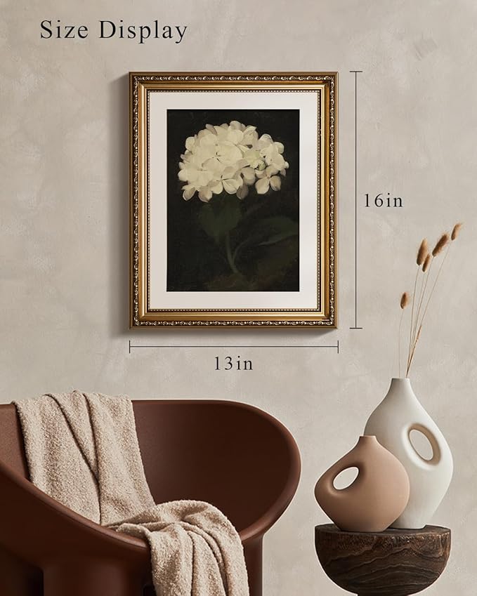 VIYYIEA Gold Framed Wall Art Canvas Print Home Decor Vintage Flower Prints Room Aesthetic White Hydrangea Oil Painting Picture Gifts Bedroom Bathroom Floral Wall Decor Kitchen Farmhouse Office 13x16in