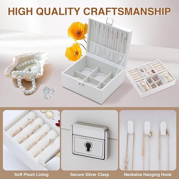 Jewelry Organizer Box for Girls Women,Large Genuine Leather Jewelry Organizers and Storage with Earring Holder Organizer Removable Velvet Jewelry Tray,Christmas Gifts Jewelry Box for Girls 8-12,White