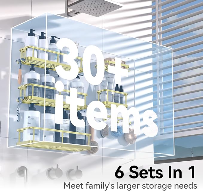 YASONIC Shower Caddy, 6 Pack Large Capacity Bath Organizer with Soap Holder and 12 Hooks, Rustproof Shower Shelves for Inside Shower, No Drilling&Sleek Bathroom Organizers and Storage Gold