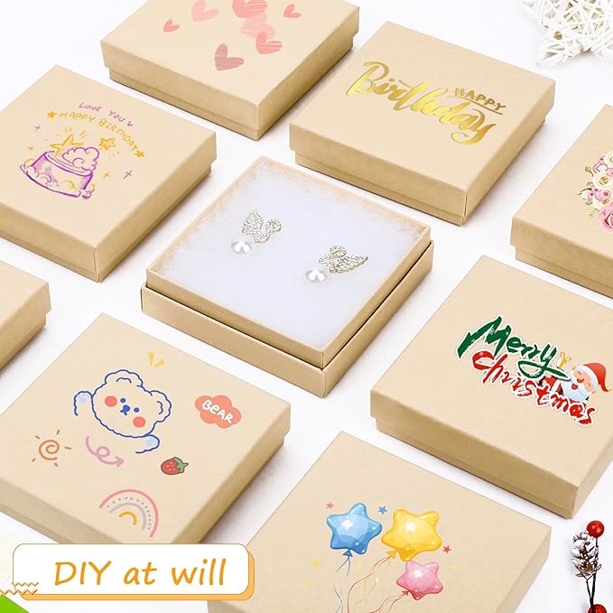 Cardboard Jewelry Gift Boxes, 20 Pack 3.5x3.5x1 Inch, Bulk Cotton Filled Small Jewelry Boxes with Lids for Necklace Ring Bracelet Earring Display Box (Brown)