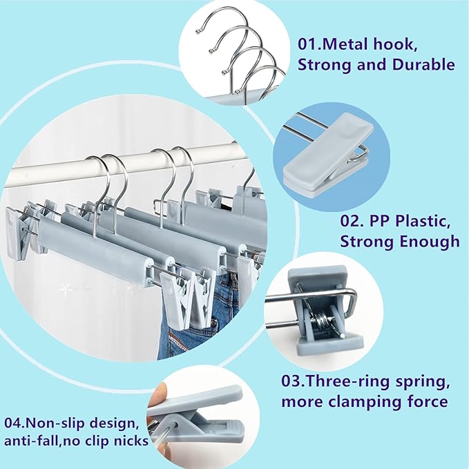 Skirt Hangers，Pants Hangers with Clips，360 ° Swivel Hooks Space Saving Hangers for Pants, Skirts, Clothes, Jeans (20Pack, Light Blue)