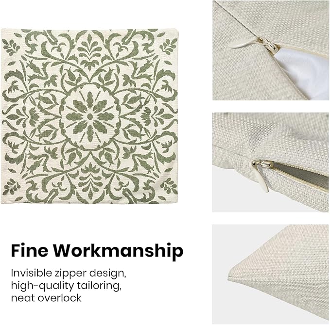 Boho Floral Pillow Covers 18x18 Set of 2, Bohemian Green Carpet Pattern Design Decorative Throw Pillows Farmhouse Cushion Pillow Covers for Sofa Couch Outdoor Decor