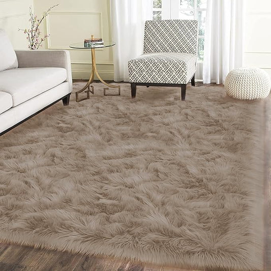 Latepis Living Room Carpet Brown Beige Large Area 6x8 Rug Washable Faux Fur Rug Fluffy Sheepskin Rugs for Bedroom Playroom Throw Rugs Home Decor Rectangle