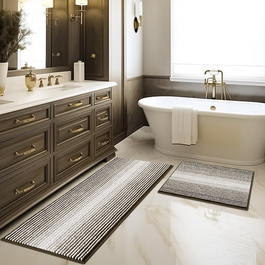 BSICPRO Bathroom Rugs and Mats Sets, 2 Piece Thick Absorbent Chenille Bath Mat Rug Set Non Slip, Soft Shaggy Bath Room Floor Mats for Bathroom, Machine Washable (Latte, 20" x 47" Plus 20" x 32")