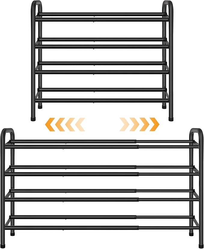 4 Tier Shoe Rack for Closet,Shoe Organizer, 28“ Metal Shelf Can Expandable to 42“, for Bedroom, Entryway, Living Room, Garage, Adjustable to 24 Pairs Shoes, Black