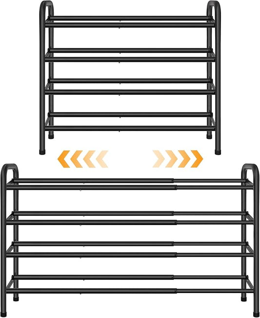 4 Tier Shoe Rack for Closet,Shoe Organizer, 28“ Metal Shelf Can Expandable to 42“, for Bedroom, Entryway, Living Room, Garage, Adjustable to 24 Pairs Shoes, Black