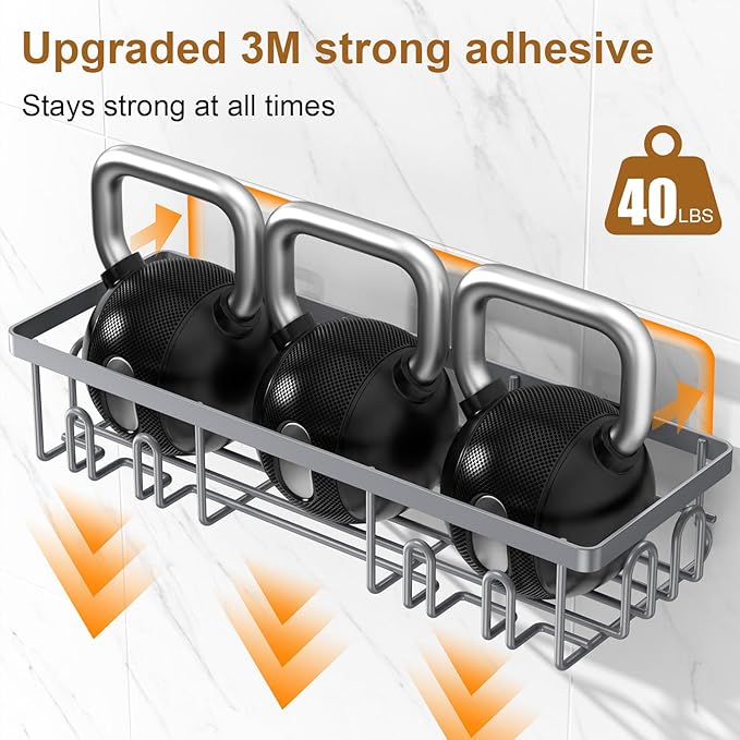 2025 New Adhesive Shower Caddy, Shower Shelves with 16 Hooks, Grey 2 Pack