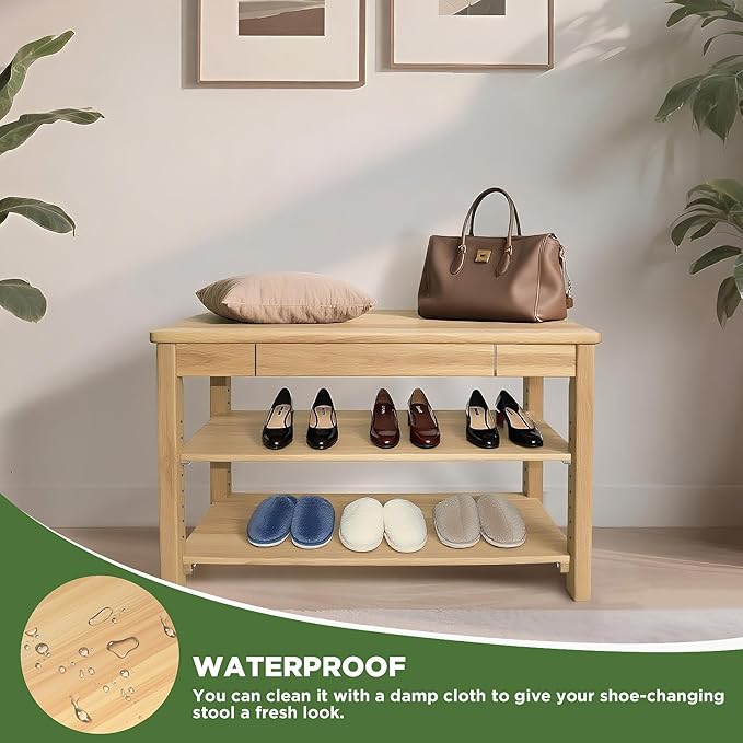 Wood Shoe Bench Entryway with Drawer: 2-Tiers Wooden Storage Shoe Rack with Bench Seat, Compact Mid-Century Modern Design for Entryway, Hallway, Closet, Front Door Entrance, Foyer